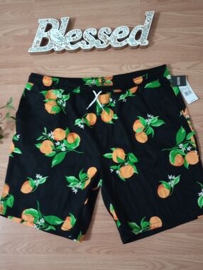 NWT Special Thanks Men's Black Orange Print Swim Trunks/ Shorts Size XL